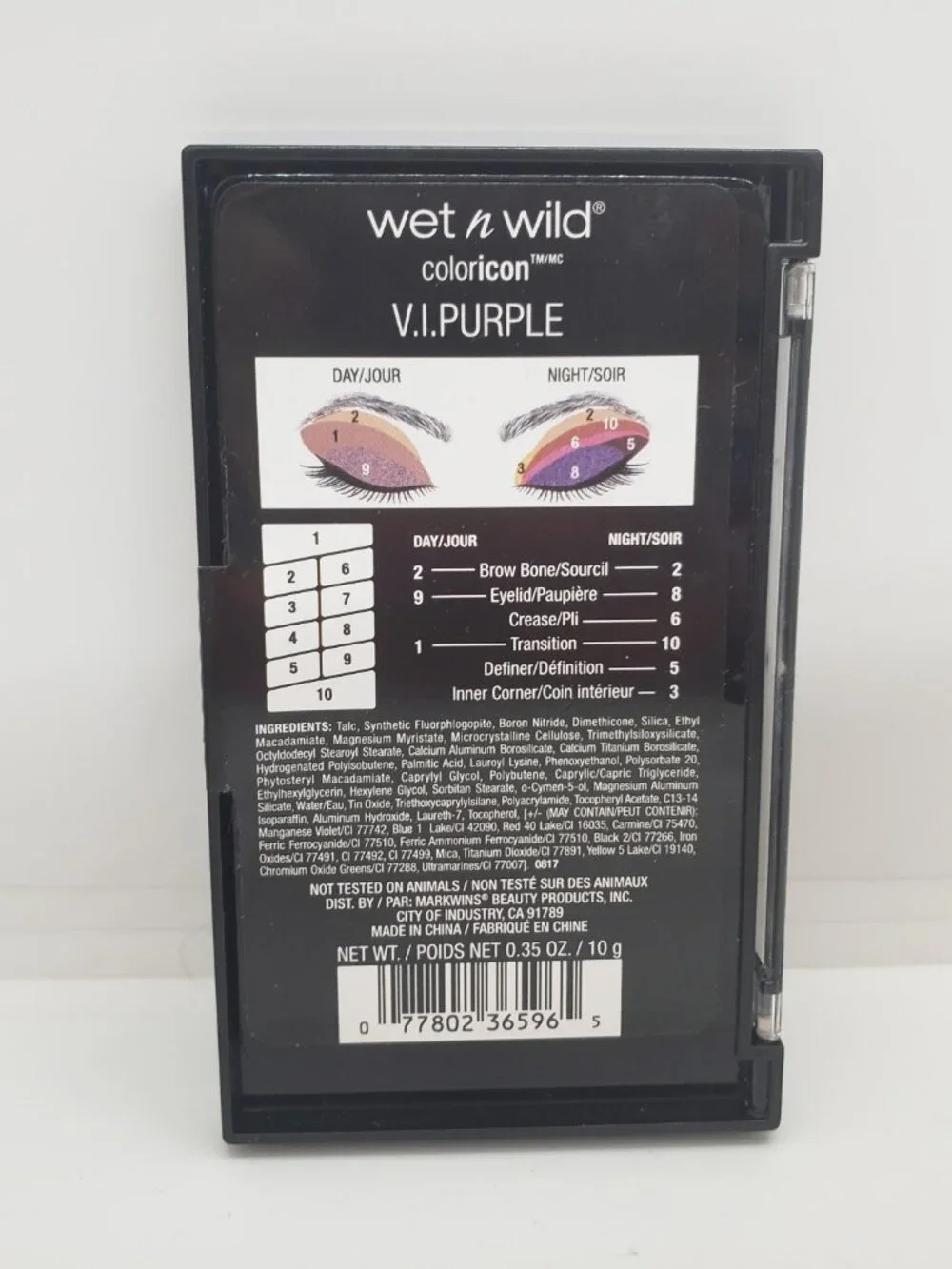 Wet N Wild Eyeshadow Palette V.I.Purple 761B Day and Night Colors 10 Pan Purple